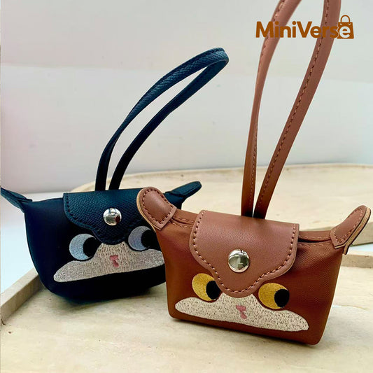 Cute Cat Face Mini Pouch Keychain - Embroidered Leather Wristlet Bag Charm for Women
