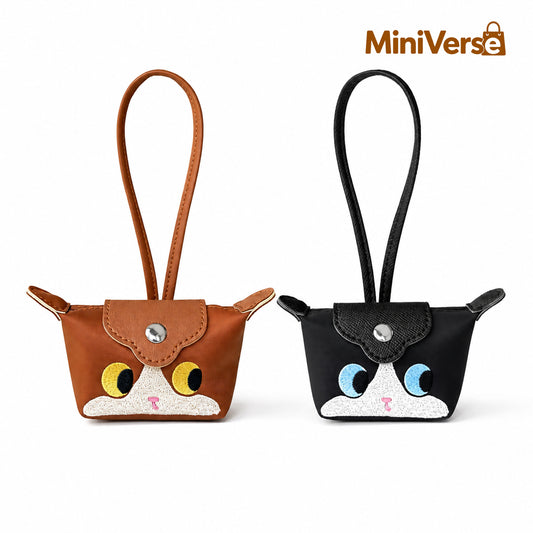 Cute Cat Face Mini Pouch Keychain - Embroidered Leather Wristlet Bag Charm for Women